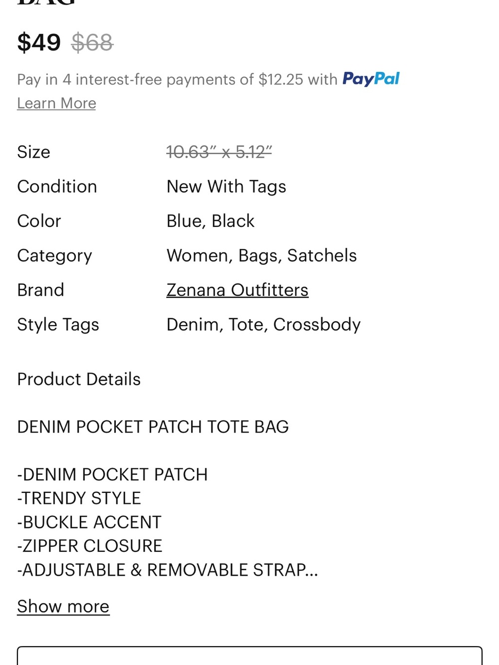 New Zenana denim pocket patch tote bag with Crossbody - Picture 5 of 5